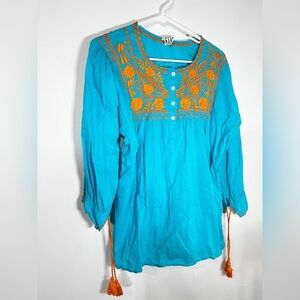 Sister Mary Cousin Earl Blue Orange Floral Embroidered Tassel Boho Tunic Top XS